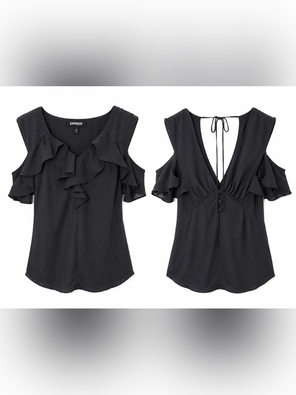 Express XS Black Ruffle Cold Shoulder Top Y2K Going Out Whimsy Goth Coquette
